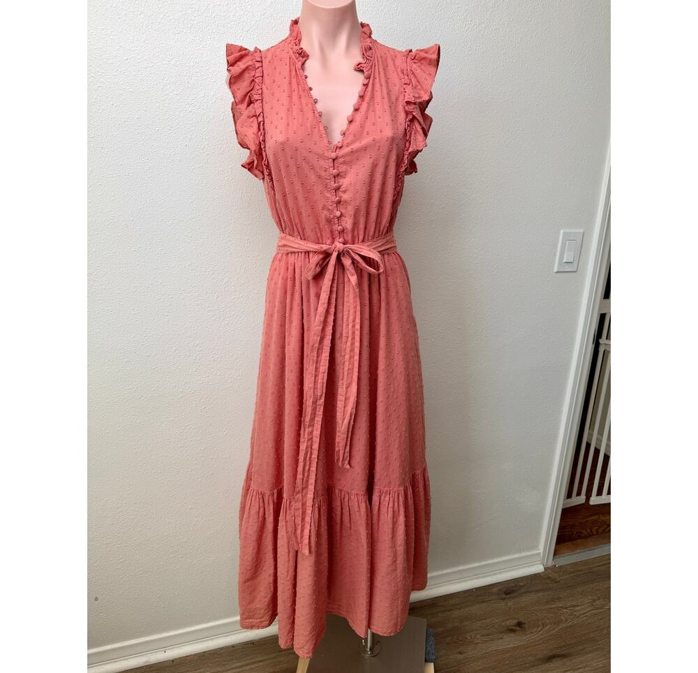 Outerknown Canyon Ruffle Maxi Dress Coral Swiss Dot Cotton Women's US XS